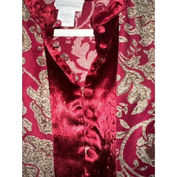 Soft Surroundings Velvet Burnout Tunic Blouse Red floral Scroll Med Asian - Picture 4 of 8